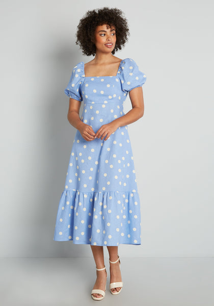 Puff Sleeves Sleeves Polka Dots Print Summer Open-Back Side Zipper Flowy Square Neck Midi Dress With Ruffles