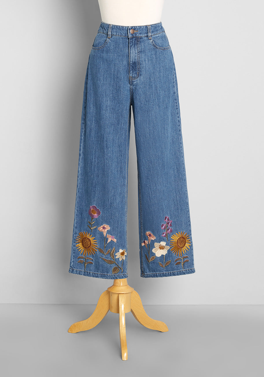 Into The Wildflowers Wide-Leg Embroidered Jeans