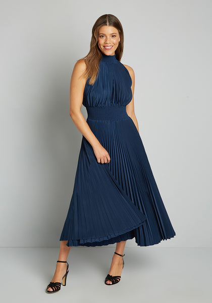 Shirred Button Closure Accordion Pleated Halter Polyester Sleeveless Maxi Dress