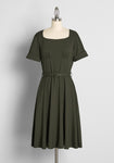 Short Fit-and-Flare Vintage Shirred Pocketed V Back Swing-Skirt Dress by Modcloth