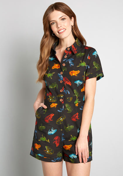 Collared Short Sleeves Sleeves Button Front Stretchy Pocketed General Print Cotton Romper