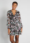 Floral Print Mermaid Polyester Short Sheer Sleeves Wrap Back Zipper Sequined Embroidered Glittering Dress With a Sash