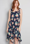 Polyester Elasticized Waistline Side Zipper Checkered Floral Gingham Print Dress