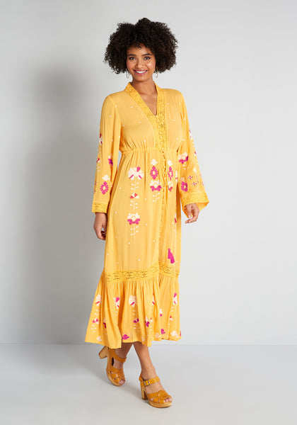 V-neck Button Front Draped Vintage Flowy Tiered Drawstring Semi Sheer Embroidered Viscose Lace Trim Floral Dots Print Bell Sleeves Midi Dress With Ruffles