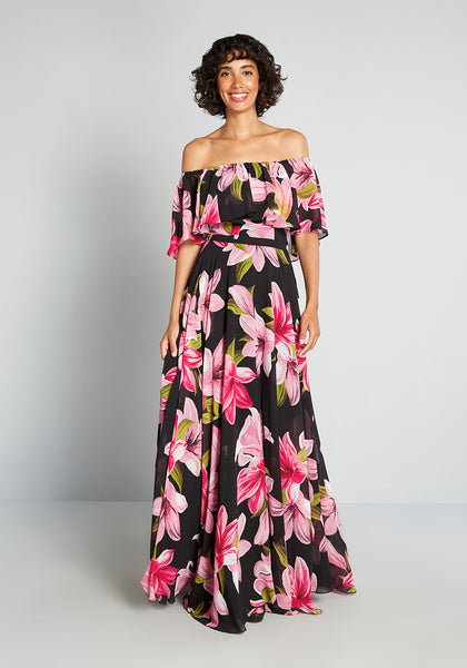 Off the Shoulder Sleeveless Back Zipper Flowy Sheer Gathered Floral Print Spring Summer Evening Dress/Maxi Dress With Ruffles