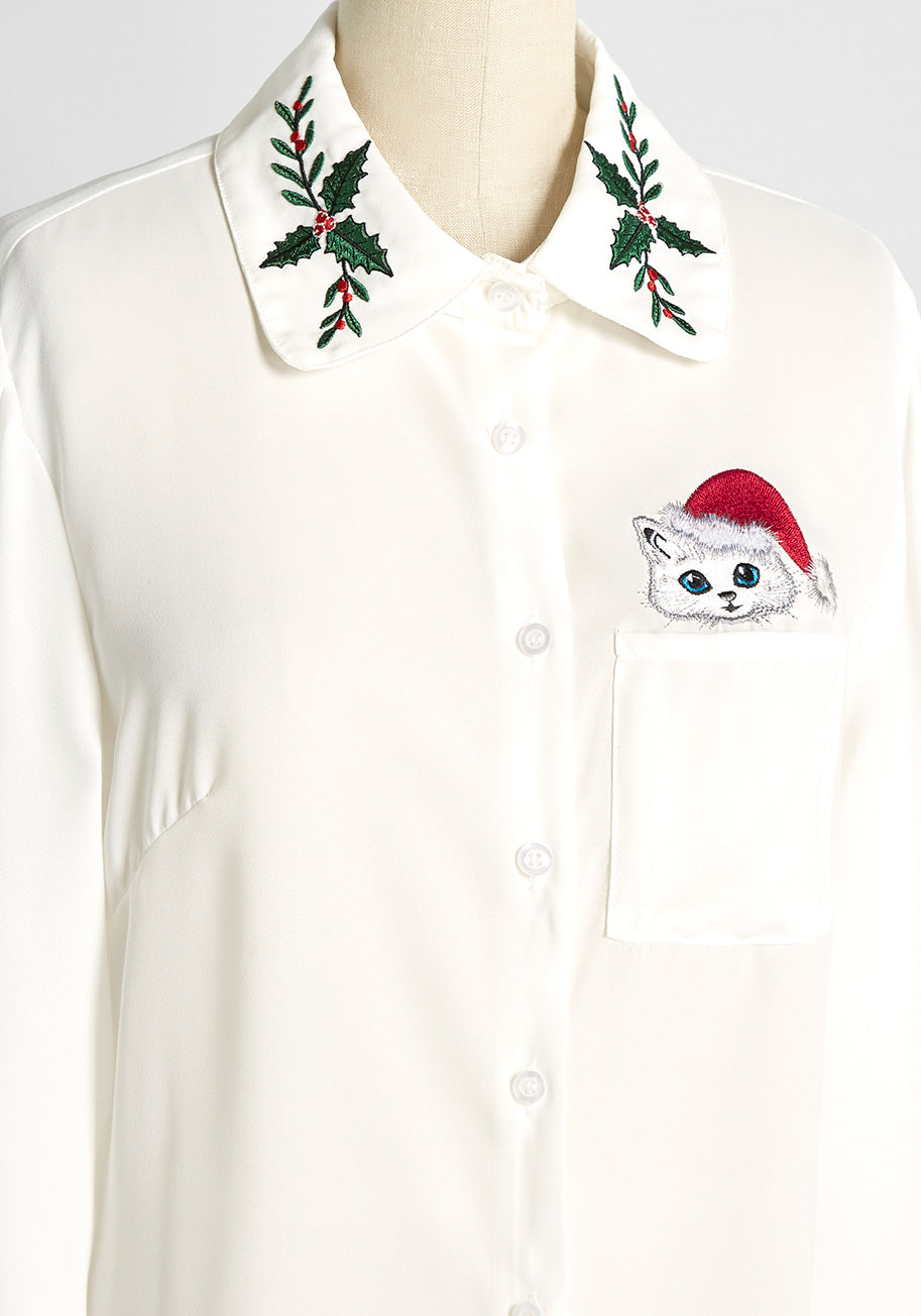 Christmas Kitten Embroidered Button-Up Blouse