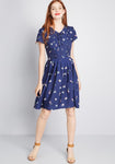 A-line V-neck Short Sleeves Sleeves General Print Polyester Side Zipper Pleated Dress