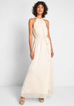 Tall Elasticized Waistline High-Neck Keyhole Maxi Dress With a Sash