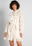 A-line Sheer Sleeves Spring Tiered Sheer Self Tie Shirred Vintage Belted Button Front Short Collared Floral Print Shirt Dress With a Sash and Ruffles