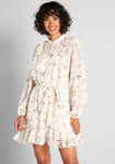 A-line Collared Floral Print Sheer Sleeves Short Spring Self Tie Tiered Sheer Vintage Button Front Shirred Belted Shirt Dress With a Sash and Ruffles