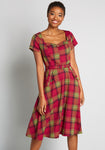 Pocketed Back Zipper Belted Vintage Sweetheart Plaid Print Swing-Skirt Short Sleeves Sleeves Midi Dress