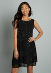 Polyester Beaded Trim Collared Plunging Neck V Back Sheer Shift Sleeveless Above the Knee Dress