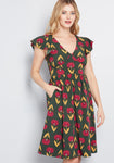 A-line Cap Short Sleeves Sleeves Back Zipper Vintage Pocketed Floral Print Midi Dress With Ruffles