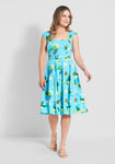 Tall A-line Swing-Skirt Floral Print Viscose Sweetheart Back Zipper Fitted Vintage Pleated Belted Shirred Crystal Elasticized Waistline Cap Sleeves Fit-and-Flare Above the Knee Dress