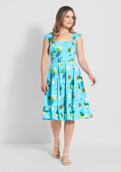 Tall A-line Elasticized Waistline Sweetheart Cap Sleeves Viscose Floral Print Swing-Skirt Pleated Fitted Shirred Back Zipper Crystal Vintage Belted Fit-and-Flare Above the Knee Dress