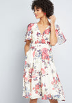 Sophisticated A-line V-neck Flutter Short Sleeves Sleeves Polyester Floral Print Pocketed Back Zipper Dress