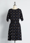 A-line Spring Dolman Elbow Length Sleeves Cocktail High-Neck General Print Shift Keyhole Flowy Button Closure Belted Dress