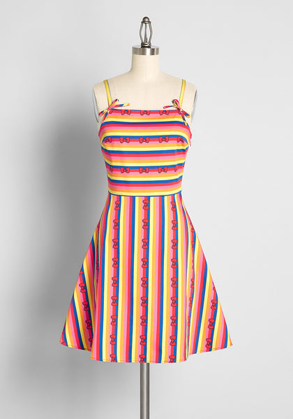 A-line Fit-and-Flare Cotton Above the Knee Square Neck Striped Print Fitted Side Zipper Stretchy Vintage Sleeveless Dress With a Bow(s)