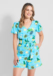 Tall V-neck Summer Floral Print Pocketed Vintage Button Closure Self Tie Crystal Button Front Belted Elasticized Waistline Viscose Short Puff Sleeves Sleeves Bateau Neck Party Dress/Romper With a Sash