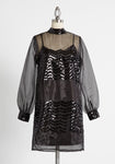 Mock Neck Vintage Sequined Sheer Button Closure Shift Zig Zag Print Cocktail Short Sheer Puff Sleeves Sleeves Slip Dress