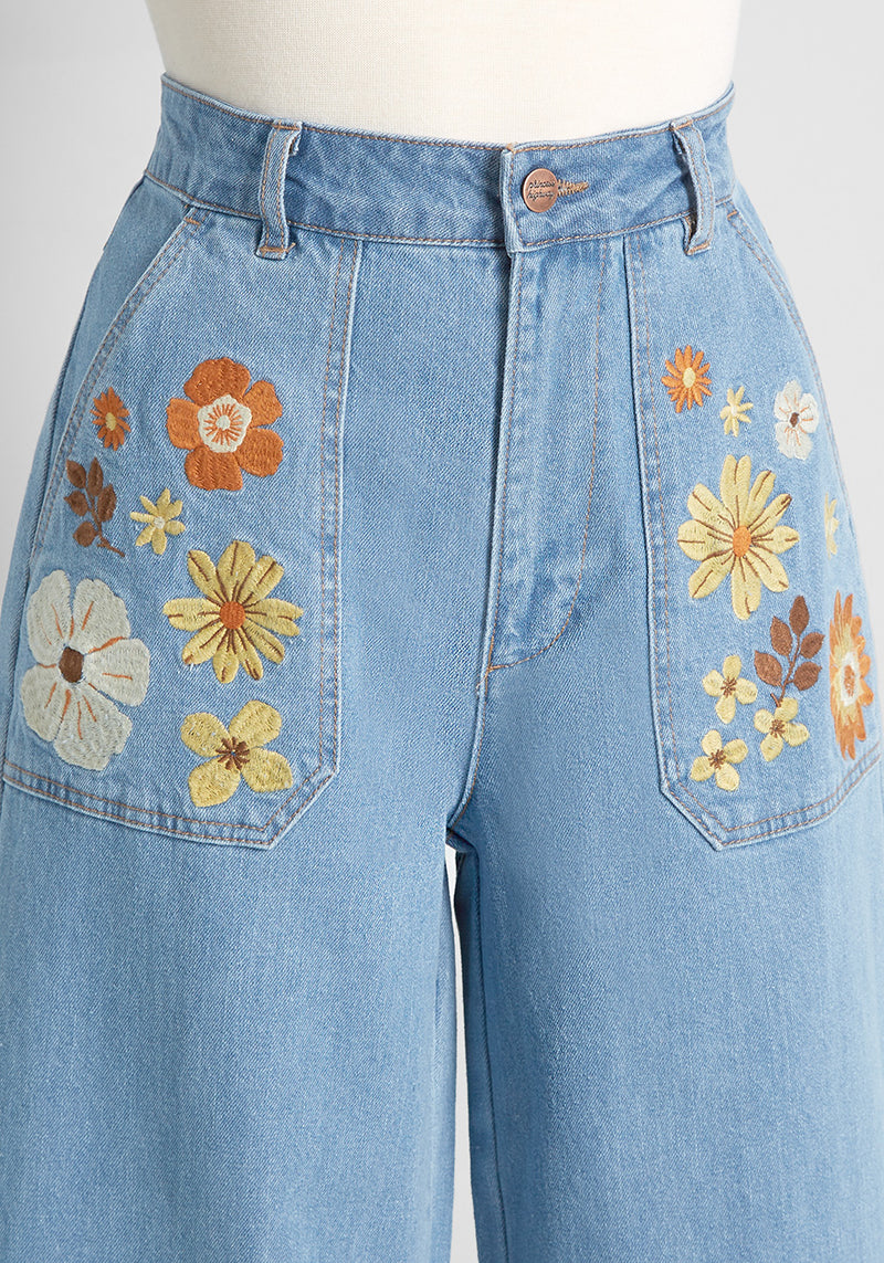 Flower-embroidered high-rise wide-leg jeans