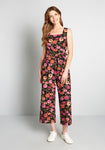 Pocketed Fitted Self Tie Belted Back Zipper Vintage Elasticized Waistline Square Neck Floral Print Sleeveless Tank Jumpsuit With a Sash