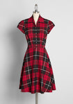 A-line Collared Cap Sleeves Swing-Skirt Button Closure Back Zipper Button Front Pocketed Vintage Plaid Print Dress