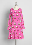 A-line Bubble Dress General Print Long Sleeves Round Neck Above the Knee Semi Sheer Stretchy Dress