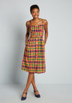 A-line Fit-and-Flare Plaid Print Belted Shirred Vintage Pocketed Fitted Cotton Sleeveless Smocked Sweetheart Dress