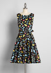 A-line Bateau Neck Swing-Skirt Floral Print Summer Sleeveless Pocketed Self Tie Gathered Back Zipper Stretchy Belted Vintage Dress With a Sash