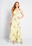 V-neck Floral Print Back Zipper Button Closure Polyester Sheer Flutter Sleeves Maxi Dress