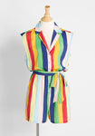 Sleeveless Striped Print Semi Sheer Vintage Button Front Pocketed Elasticized Waistline Romper With a Sash