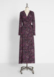 V-neck Paisley Print Self Tie Wrap Belted Fall Polyester Maxi Dress