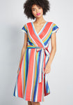 V-neck Flared-Skirt Cotton Belted Wrap Self Tie Striped Print Dolman Short Sleeves Sleeves Dress