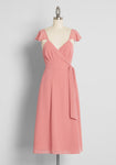 V-neck Flowy Self Tie Belted Wrap Fitted Fit-and-Flare Summer Sleeveless Spaghetti Strap Polyester Ruffle Trim Midi Dress With a Sash