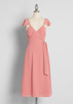 V-neck Fit-and-Flare Sleeveless Spaghetti Strap Fitted Self Tie Flowy Wrap Belted Summer Polyester Ruffle Trim Midi Dress With a Sash