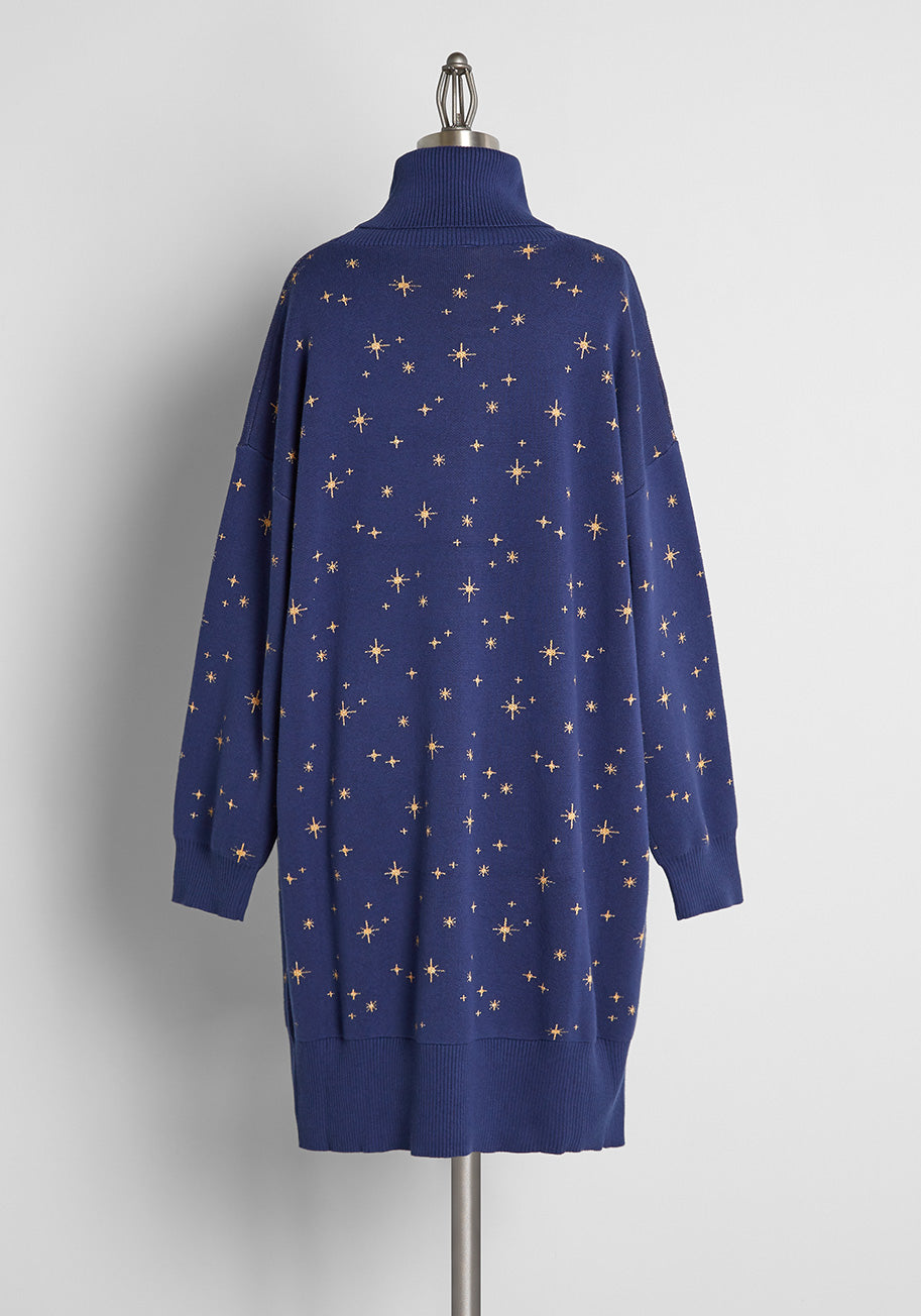 Cozy Under The Starry Night Sky Turtleneck Sweater Dress