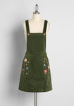 Flower(s) Pocketed Embroidered Vintage Back Zipper Button Closure Pinafore Jumper