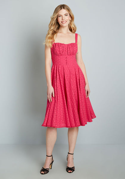 Sleeveless Fit-and-Flare Summer Swing-Skirt Sweetheart Cotton Fitted Gathered Vintage Back Zipper Button Front Corset Waistline Dress