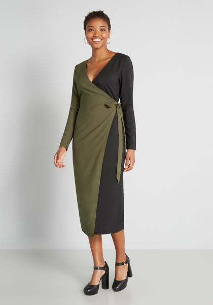 V-neck Long Sleeves Self Tie Belted Colorblocking Wrap Midi Dress