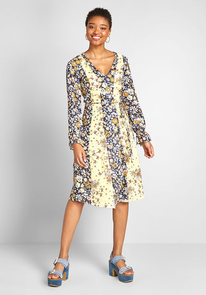 Tall Floral Print Polyester Sheer Sleeves Back Zipper Midi Dress With a Sash