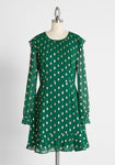 Tall Polka Dots Print Sheer Flutter Long Sleeves Cutout Sheer Wrap Button Closure Back Zipper Vintage Short Dress With Ruffles