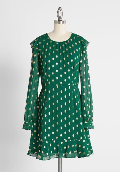 Tall Short Sheer Flutter Long Sleeves Polka Dots Print Vintage Sheer Back Zipper Wrap Button Closure Cutout Dress With Ruffles