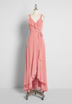 V-neck Wrap Belted Self Tie High-Low-Hem Sleeveless Ruffle Trim Summer Polyester Maxi Dress