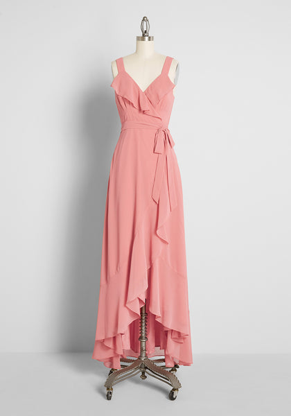 V-neck High-Low-Hem Polyester Sleeveless Ruffle Trim Belted Wrap Self Tie Summer Maxi Dress