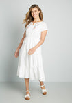 Floral Print Elasticized Waistline Short Sleeves Sleeves Semi Sheer Embroidered Keyhole Tiered Gathered Cotton Midi Dress