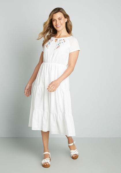 Floral Print Short Sleeves Sleeves Elasticized Waistline Cotton Semi Sheer Keyhole Embroidered Gathered Tiered Midi Dress