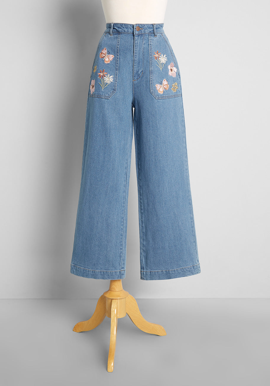 Fluttering By Flowers Embroidered Wide-Leg Jeans