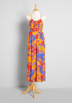 Floral Print Elasticized Waistline Halter Shirred Vintage Flowy Semi Sheer Jumpsuit