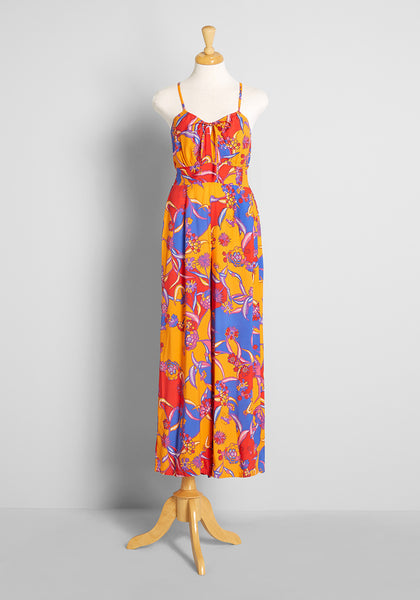 Floral Print Elasticized Waistline Halter Vintage Shirred Semi Sheer Flowy Jumpsuit